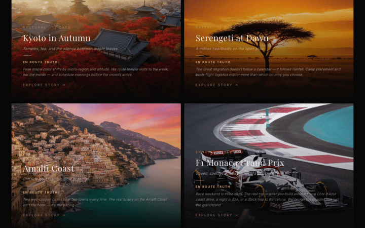 Featured journeys on enrouteluxe.com: Kyoto in autumn, the Serengeti, the Amalfi Coast, Monaco