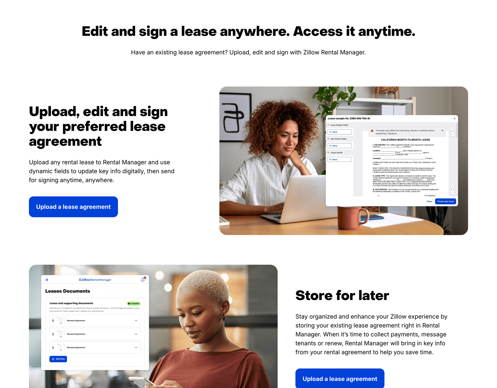 Zillow Rental Manager marketing page: edit and sign a lease anywhere, with the lease upload, e-sign, and lease documents product surfaces